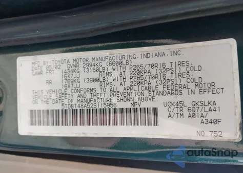 2002 Toyota Sequoia Limited V8 из США, поврежденный, VIN 5TDBT48A52S115956